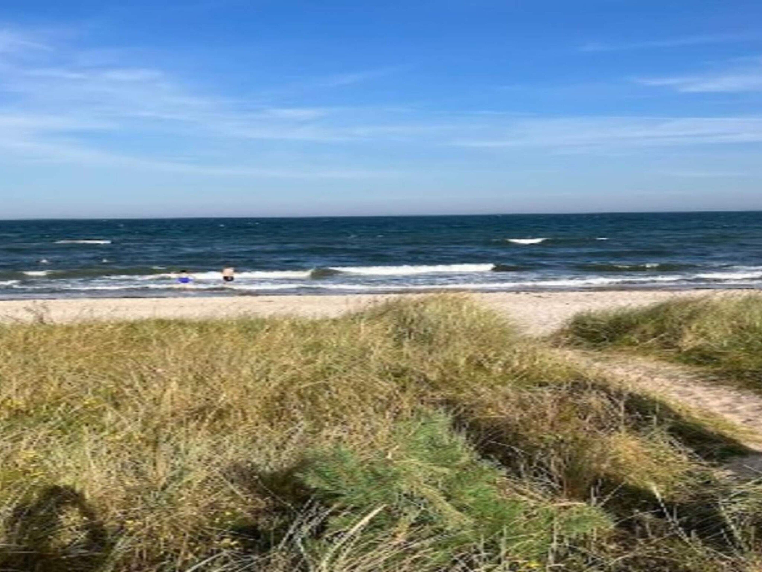 A beach with waves and a clear sky.