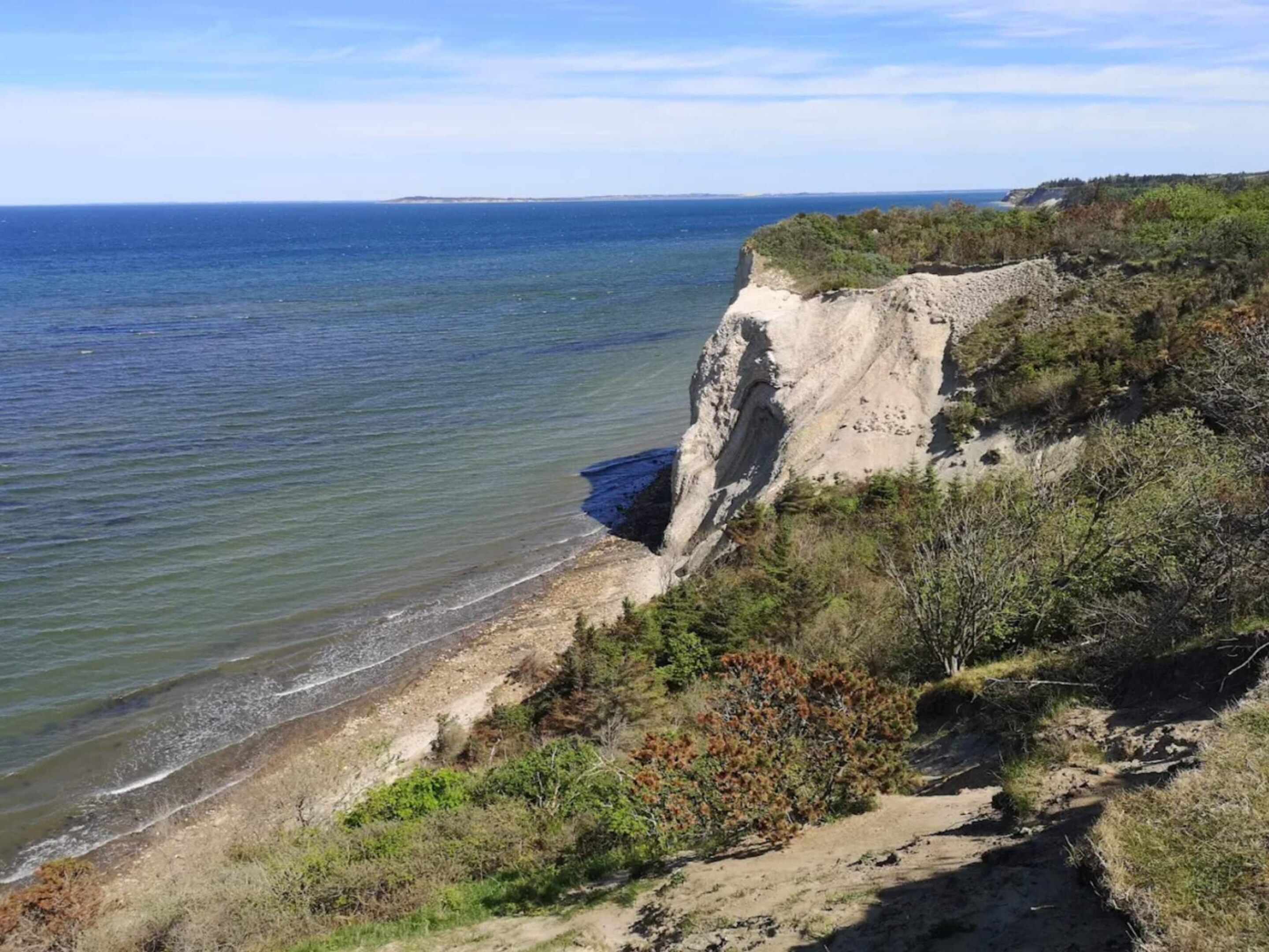 Un paysage côtier avec une falaise surplombant la mer, un sentier de terre et une végétation clairsemée.