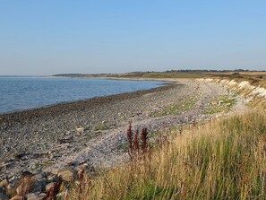 A coastal landscape with a pebbly beach, grassy areas, and a clear sky.