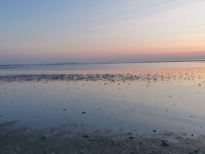 A beach with a calm sea and a clear sky.