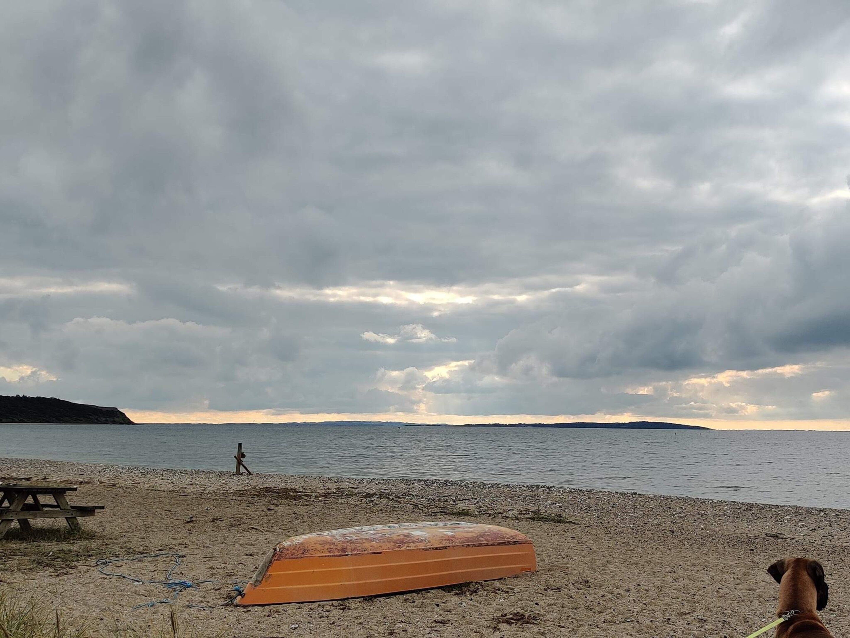 A beach with a wooden boat, a bench, and a dog on a leash.