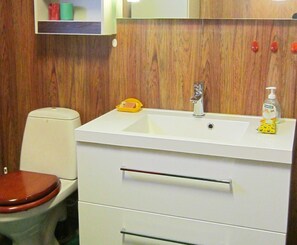 Une salle de bain avec des toilettes, un lavabo et un miroir.