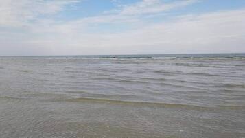 A beach with calm waters and a clear sky.