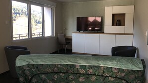 A small, compact room with a bed, a desk, a chair, and a television. There is a window with a view of trees and a balcony.