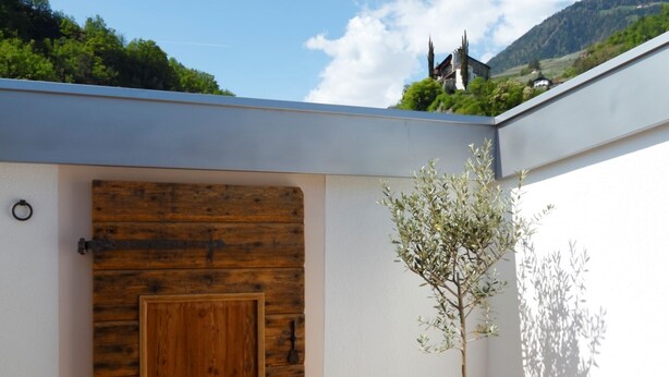 A courtyard with a wooden door, a potted plant, and a tiled floor. - Above the rooftops of Lana - Blue apartment with terrace and sauna - viaDolceVita (Lana)