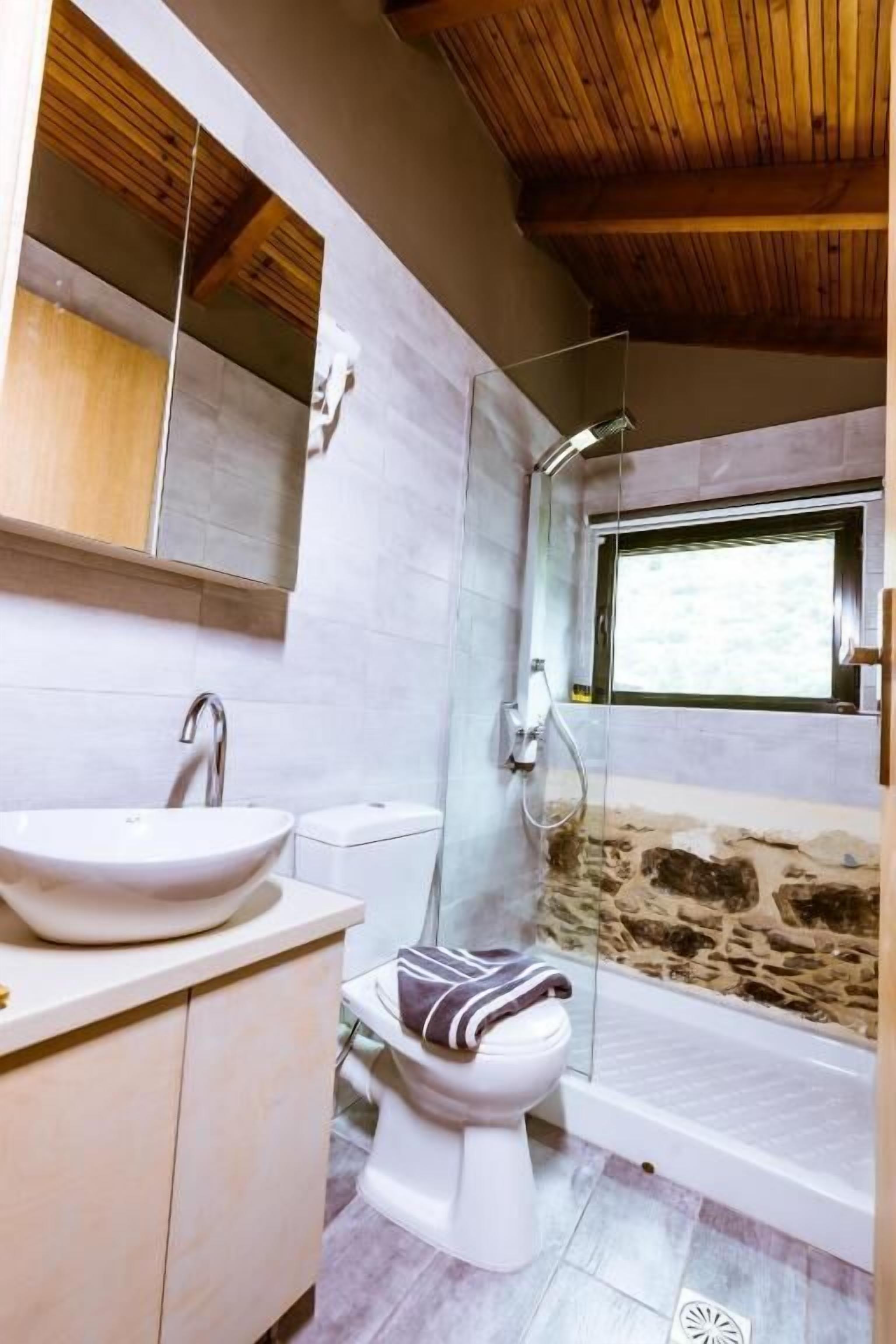 A bathroom with a white sink, a toilet, and a shower with a glass door.