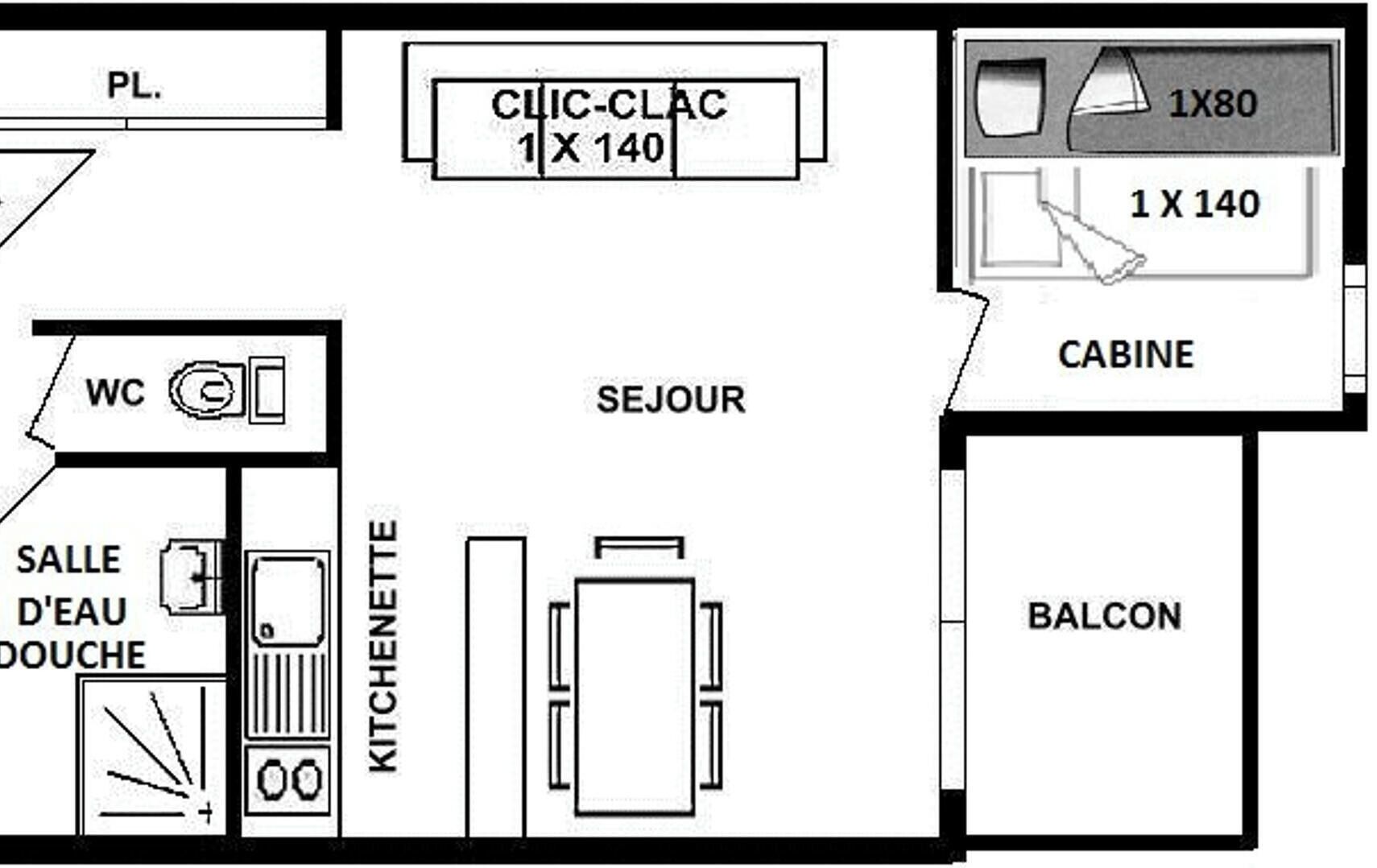 Disposição de um quarto de hotel com WC, banheiro privativo, cozinha compacta, banheiro anexo, varanda e área de cabaré.