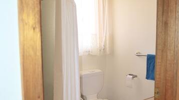 Shower, hair dryer, towels, toilet paper