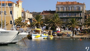 Una marina con barcos amarrados, un edificio con una torre de reloj y palmeras.