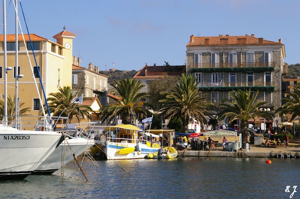 A marina with boats docked, a building with a clock tower, and palm trees.