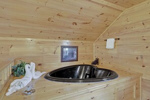 Sink and framed picture adorn the cabin's rustic walls.