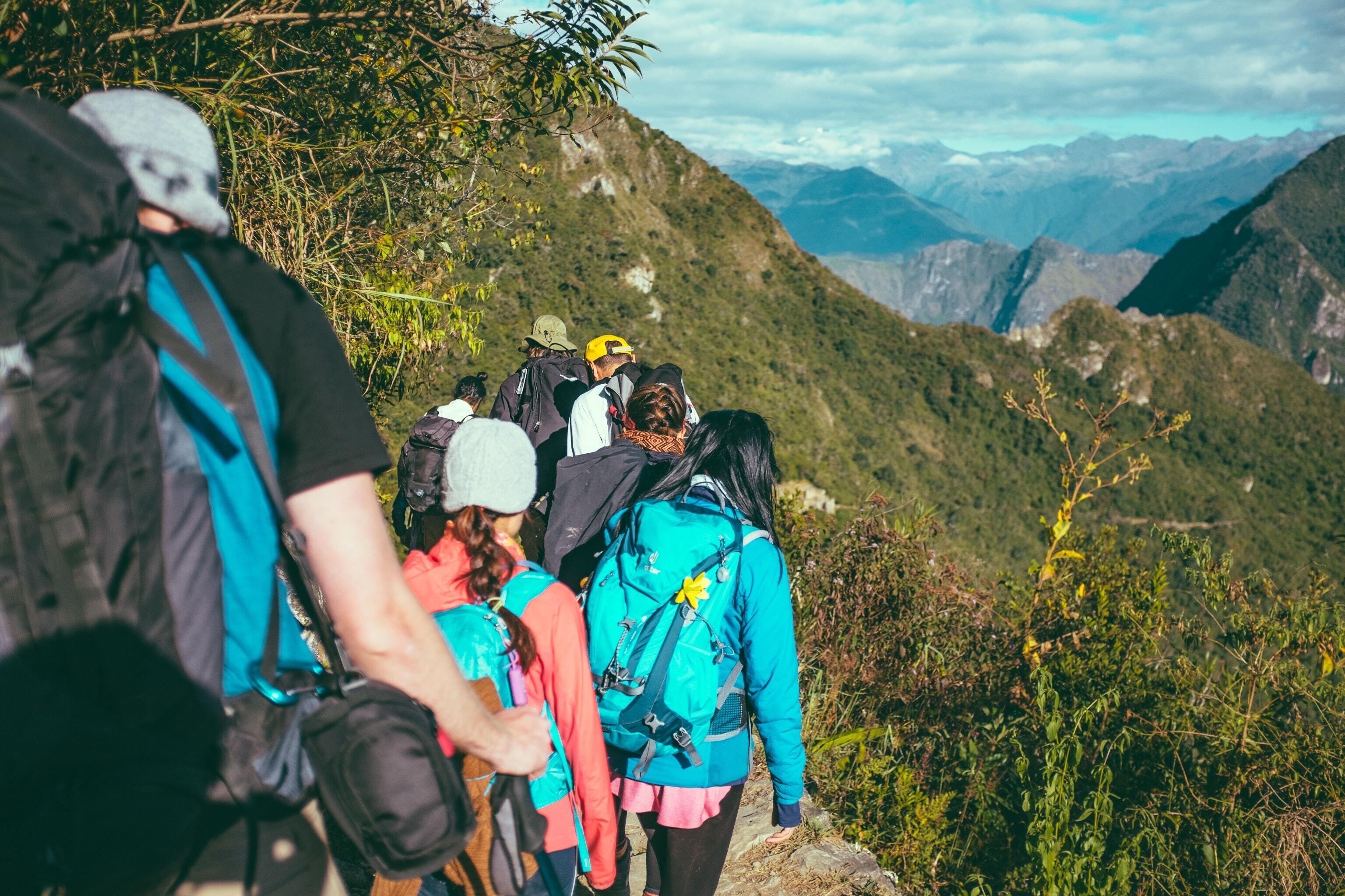 Un grupo de excursionistas en un sendero de montaña con abundante vegetación y montañas distantes al fondo.