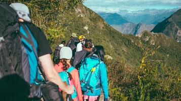 Un grupo de excursionistas en un sendero de montaña con abundante vegetación y montañas distantes al fondo.