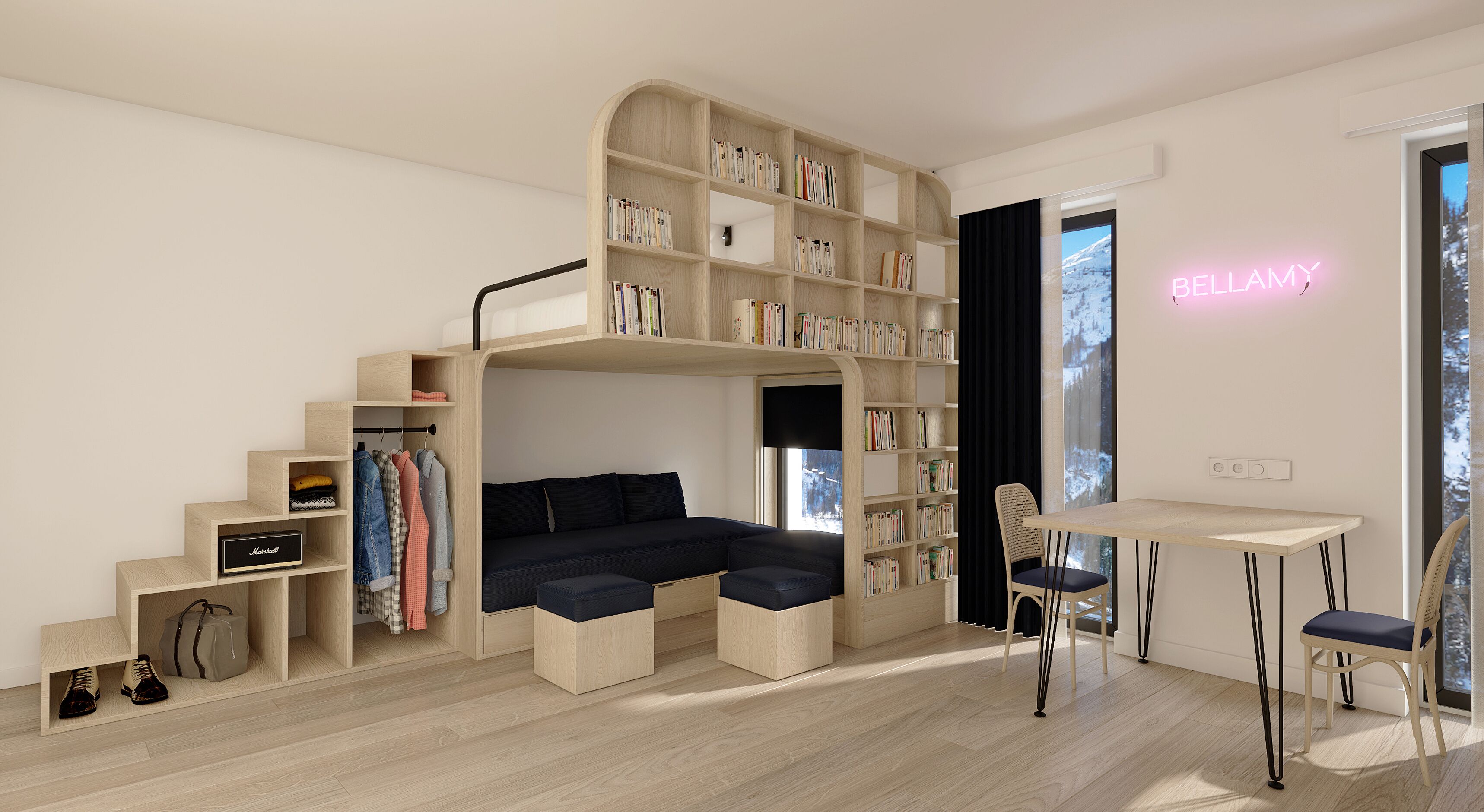 Una habitación moderna y multifuncional con cama integrada, estantería, escritorio y silla.