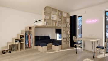 Una habitación moderna y multifuncional con cama integrada, estantería, escritorio y silla.