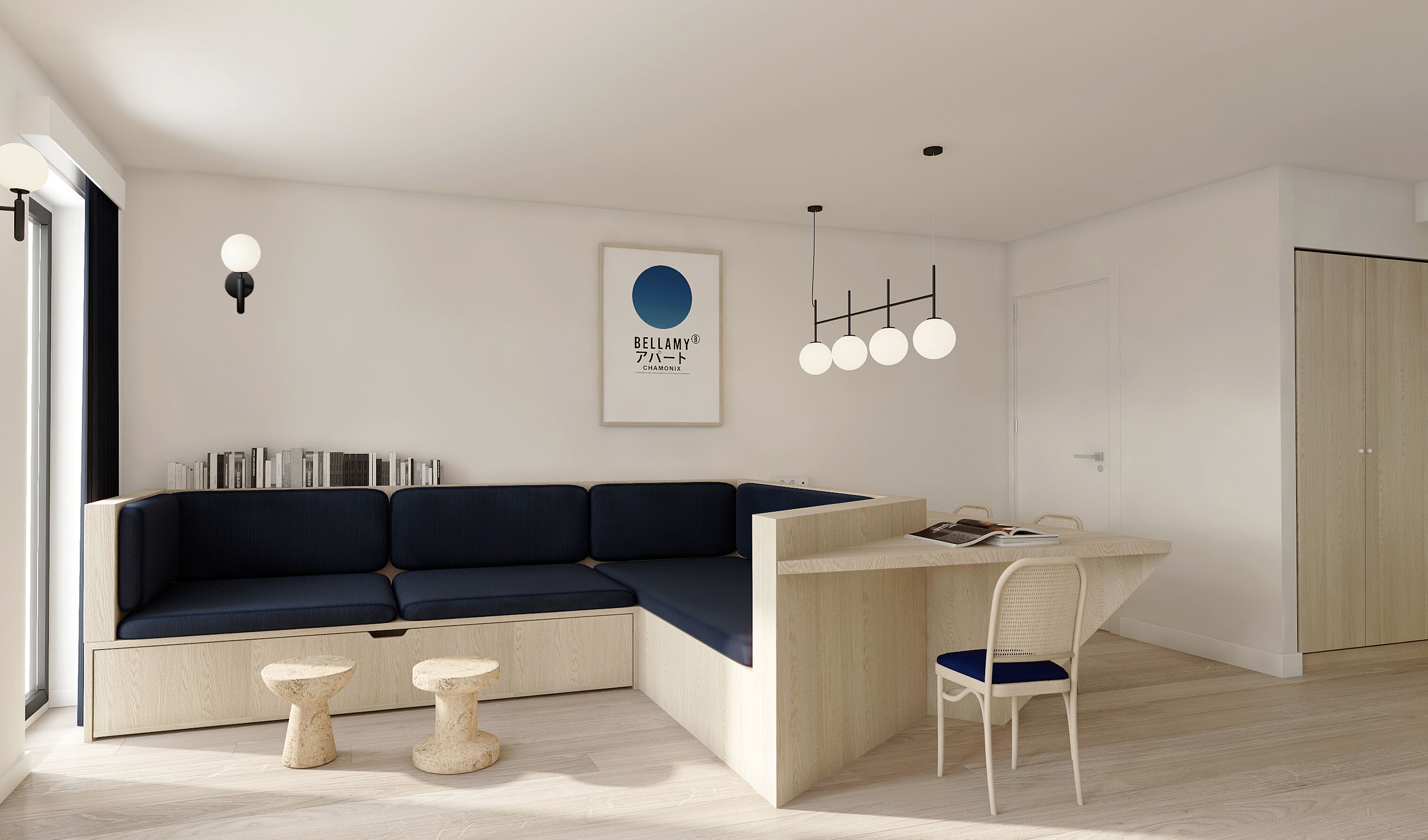 A modern living space with a built-in L-shaped sofa, a wooden desk, and a white door.
