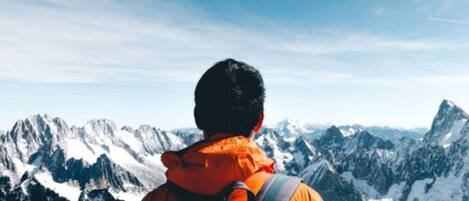 A person in an orange jacket with a backpack, overlooking a mountainous landscape.