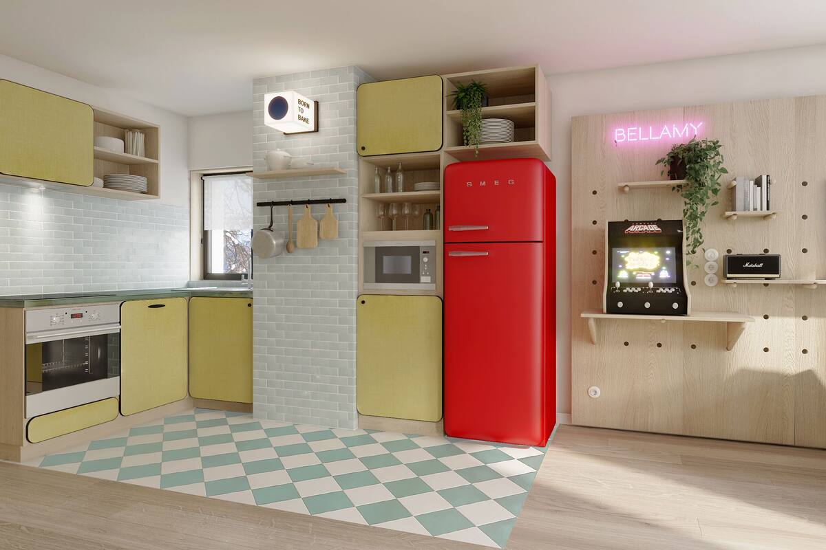 A modern kitchen with a red refrigerator, a microwave, and a built-in oven. There is a checkered floor and a neon sign on the wall.