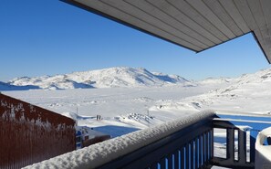 Un paisaje montañoso nevado con cielo despejado.