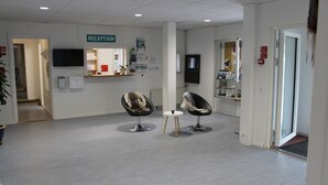 Un área de recepción con dos sillones, una mesita y un mostrador, además de un televisor en la pared.