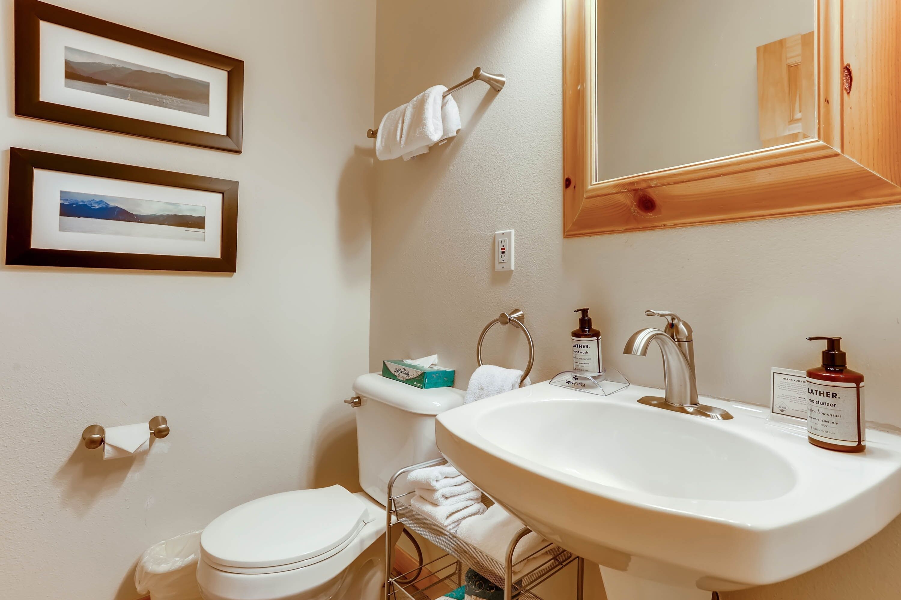 A bathroom with a white sink, two framed pictures on the wall, a toilet, and a towel rack.