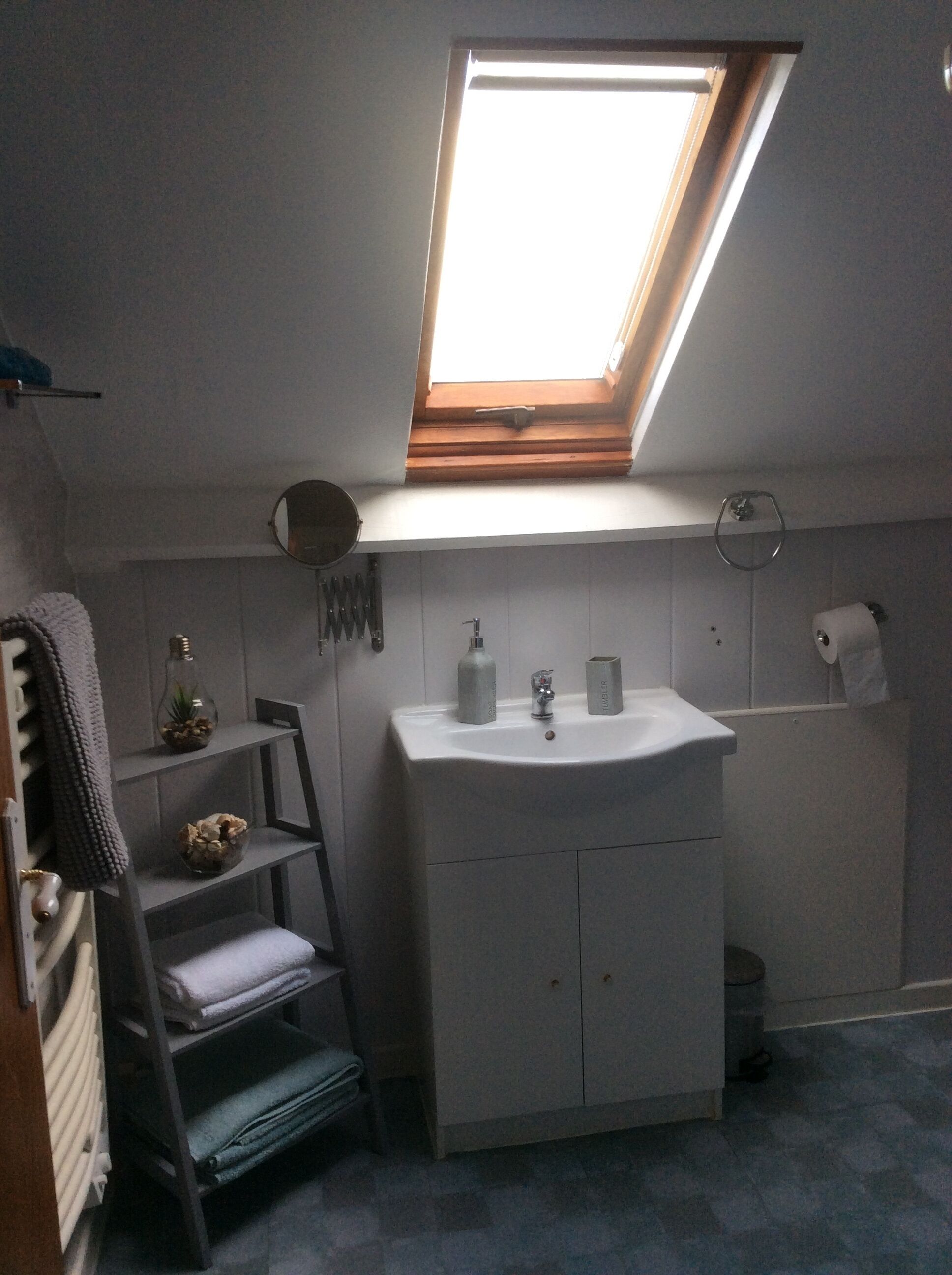 Een kleine, compacte badkamer met een dakraam, een wastafel, een spiegel en een handdoekhouder.