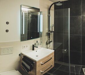 Shower, eco-friendly toiletries, hair dryer, towels