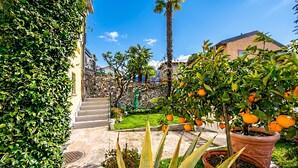 A pathway leading to a building with a stone wall, potted plants, and a palm tree. - Casa Tame - Pieds Dans L'eau (Melide)