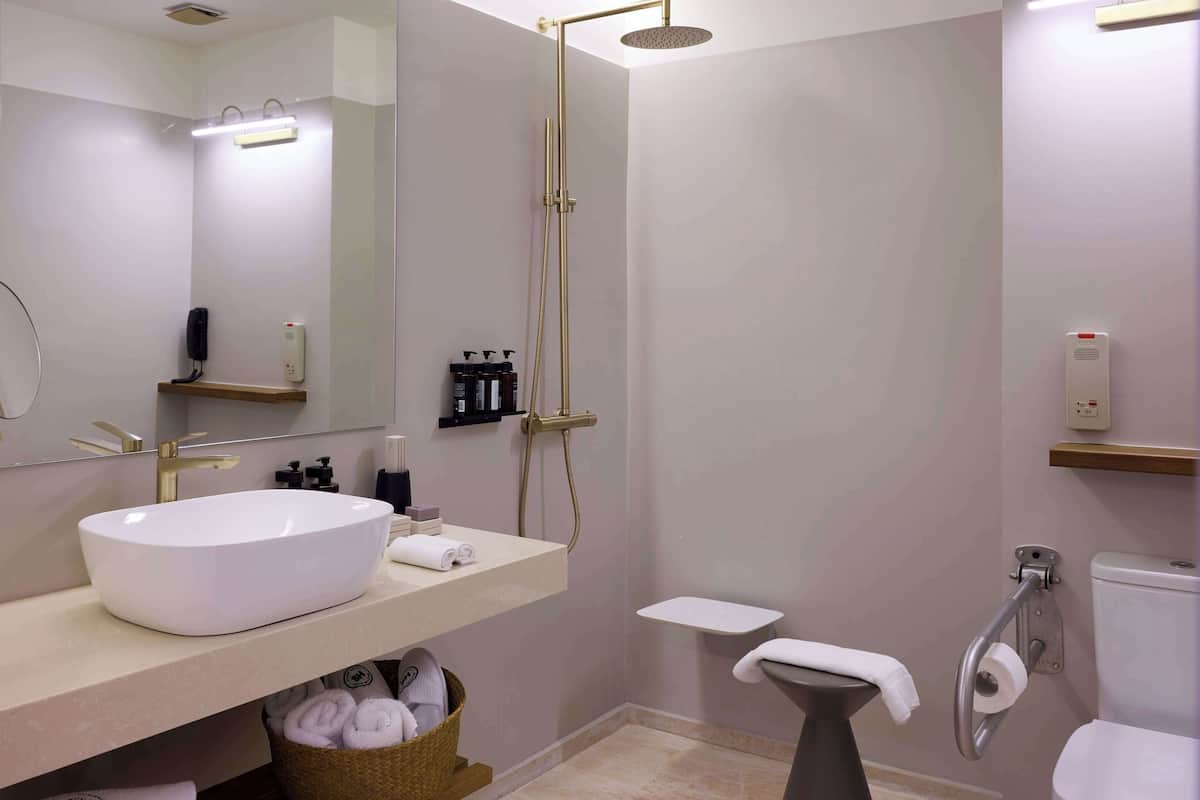 Une salle de bain moderne avec un grand lavabo blanc, une douchette à main, des toilettes et une petite étagère contenant des articles de toilette.