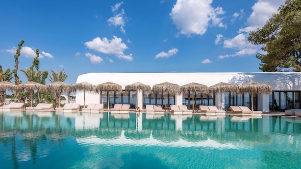 Zwembad met ligbedden en rieten parasols, omgeven door palmbomen en een heldere lucht.