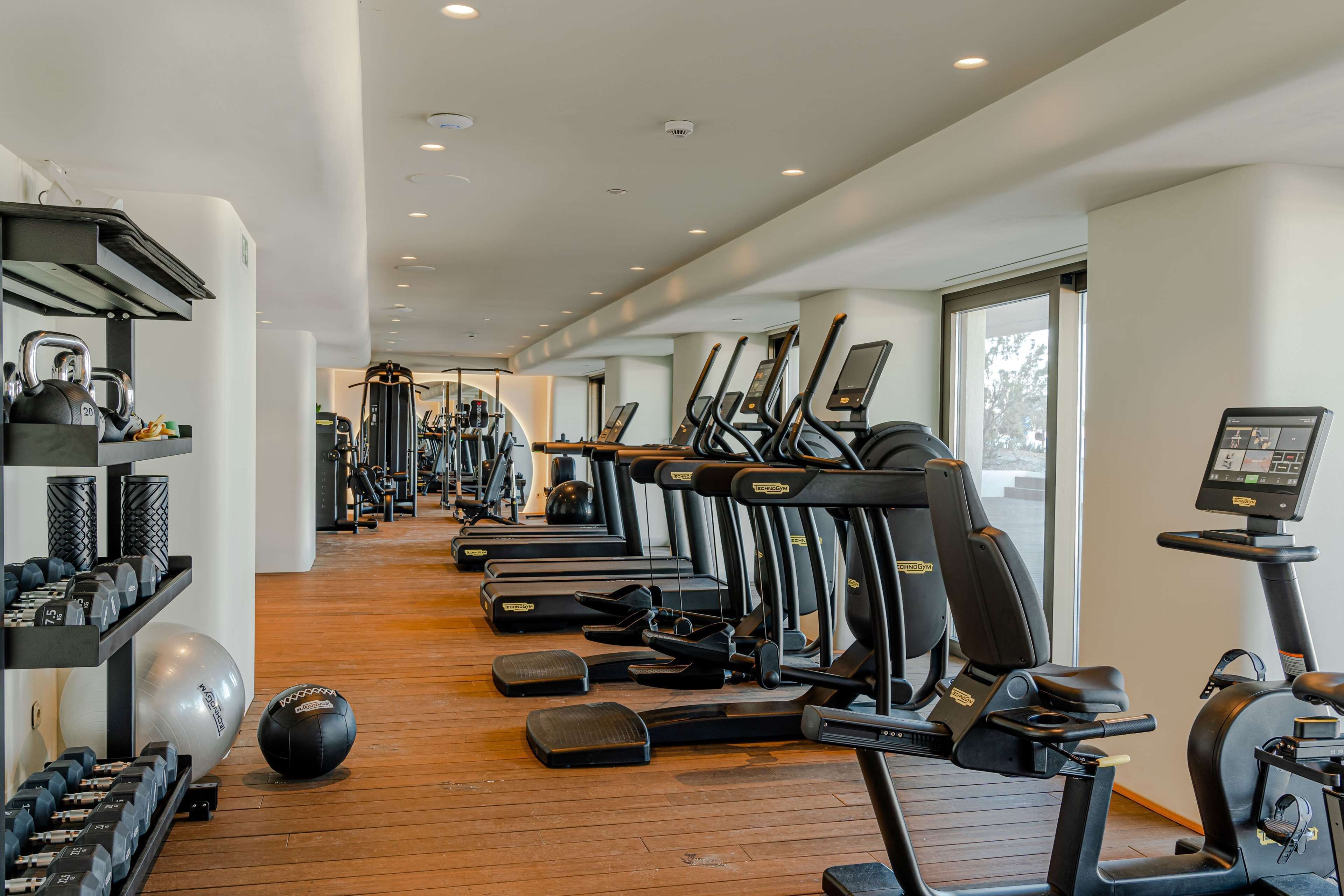 A gym with treadmills, weight machines, and exercise balls.