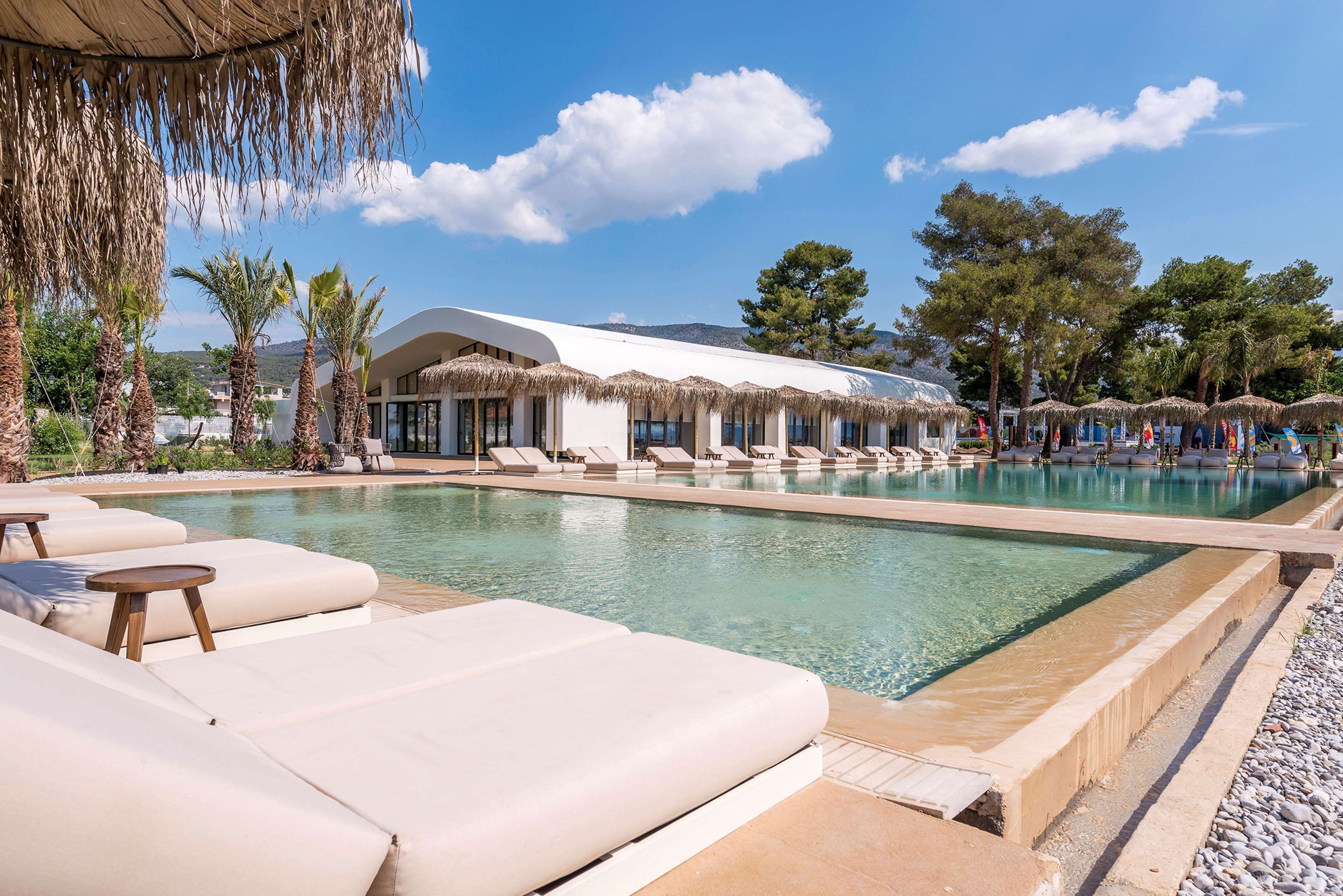 A pool area with lounge chairs and umbrellas, surrounded by trees and a building with a white facade.