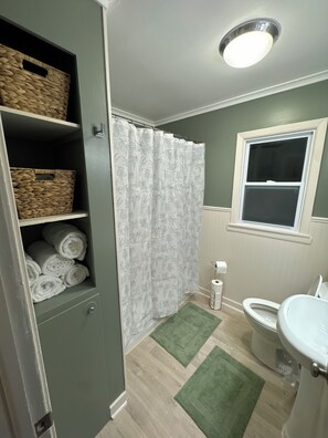 Combined shower/bathtub, hair dryer, towels, soap