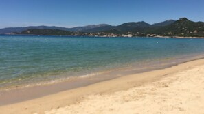On the beach, sun loungers