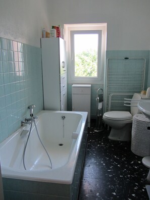 Een bad, een haardroger, zeep, toiletpapier