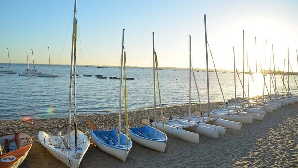 A row of sailboats docked on a sandy beach with calm water in the background. - Villa Ferry (Andernos-les-Bains)