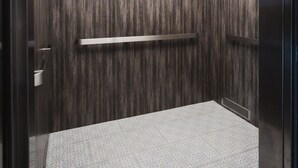 A modern elevator with a wooden panel wall and a metal handrail. - Palace Inn Blue Houston East Beltway 8 (Houston)