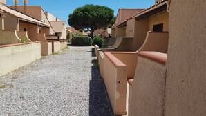 A courtyard with a gravel path, beige walls, and a large tree.