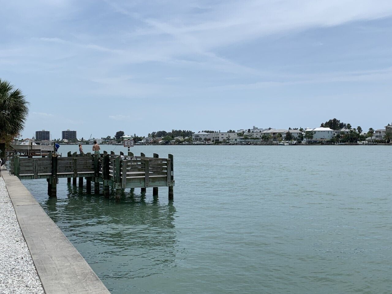 Vista al agua con un muelle de madera que se adentra en aguas tranquilas, rodeado de edificios y palmeras.