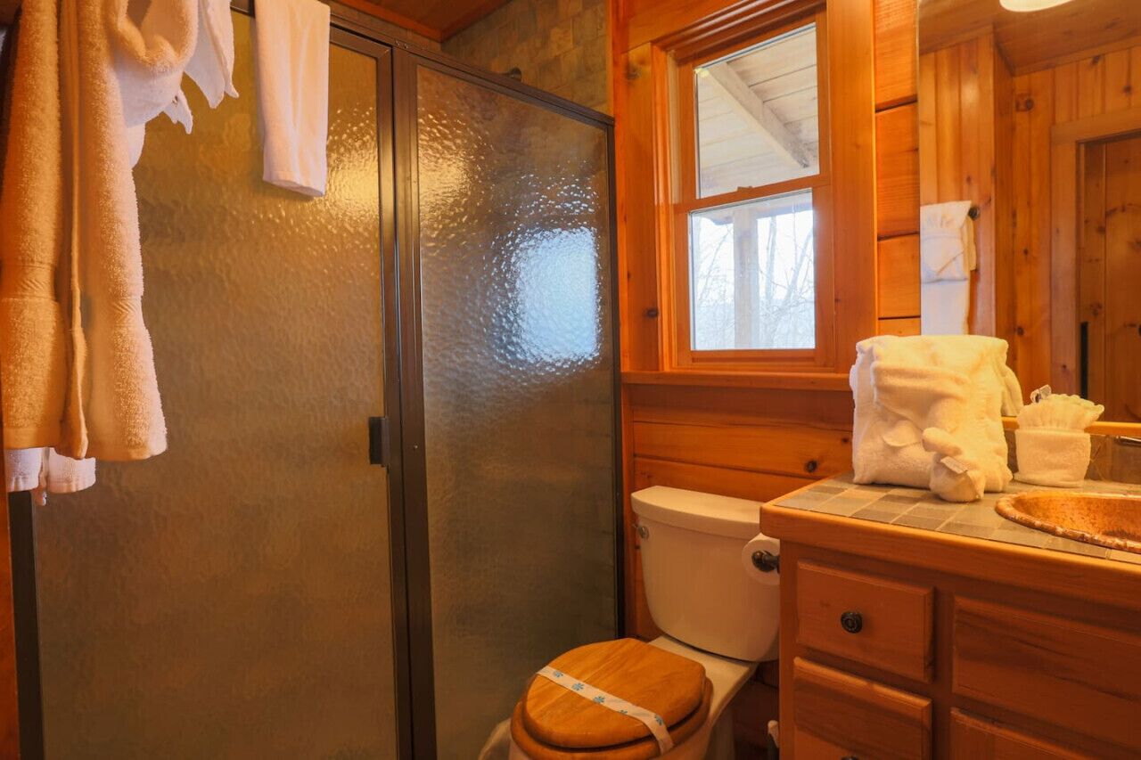 Une salle de bain avec un meuble-lavabo en bois, des toilettes et un espace douche.