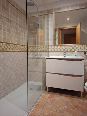 Combined shower/tub, hair dryer, bidet, towels