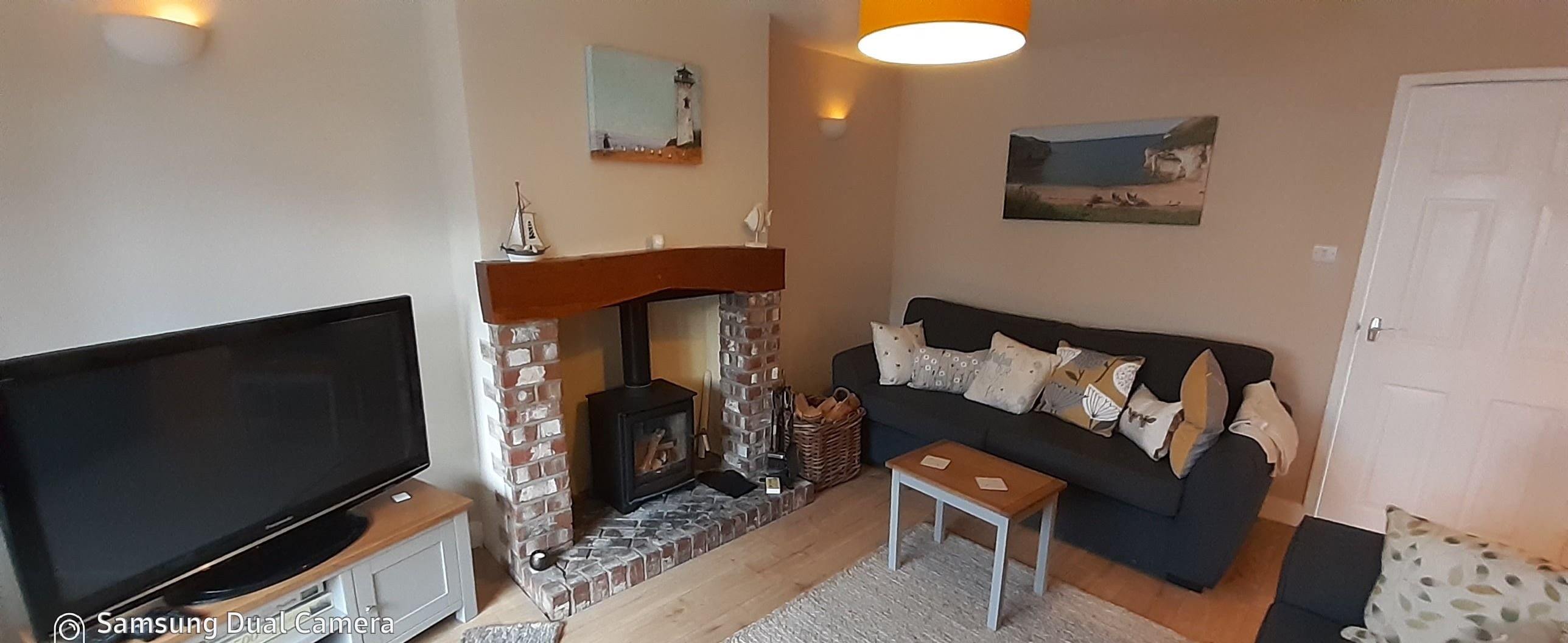 A living room with a TV, fireplace, sofa, and artwork on the walls.
