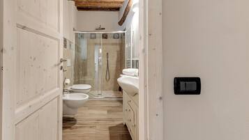 A narrow bathroom with a shower, toilet, bidet, and vanity.