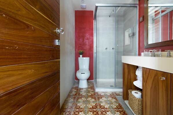 A bathroom with a wooden vanity, a white toilet, a glass shower enclosure, and a red accent wall. - Suite in Historic Building w/Balconies/Superb Location (Ciudad de México)