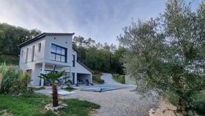 Een modern huis met twee verdiepingen, met een zwembad, omringd door groen en bomen.