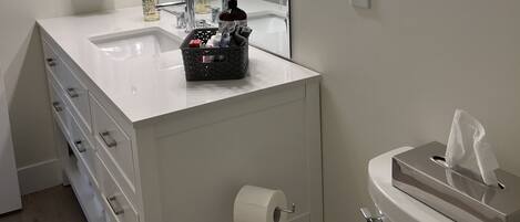 A modern bathroom with a white vanity, a large mirror, a toilet, and a tissue box.