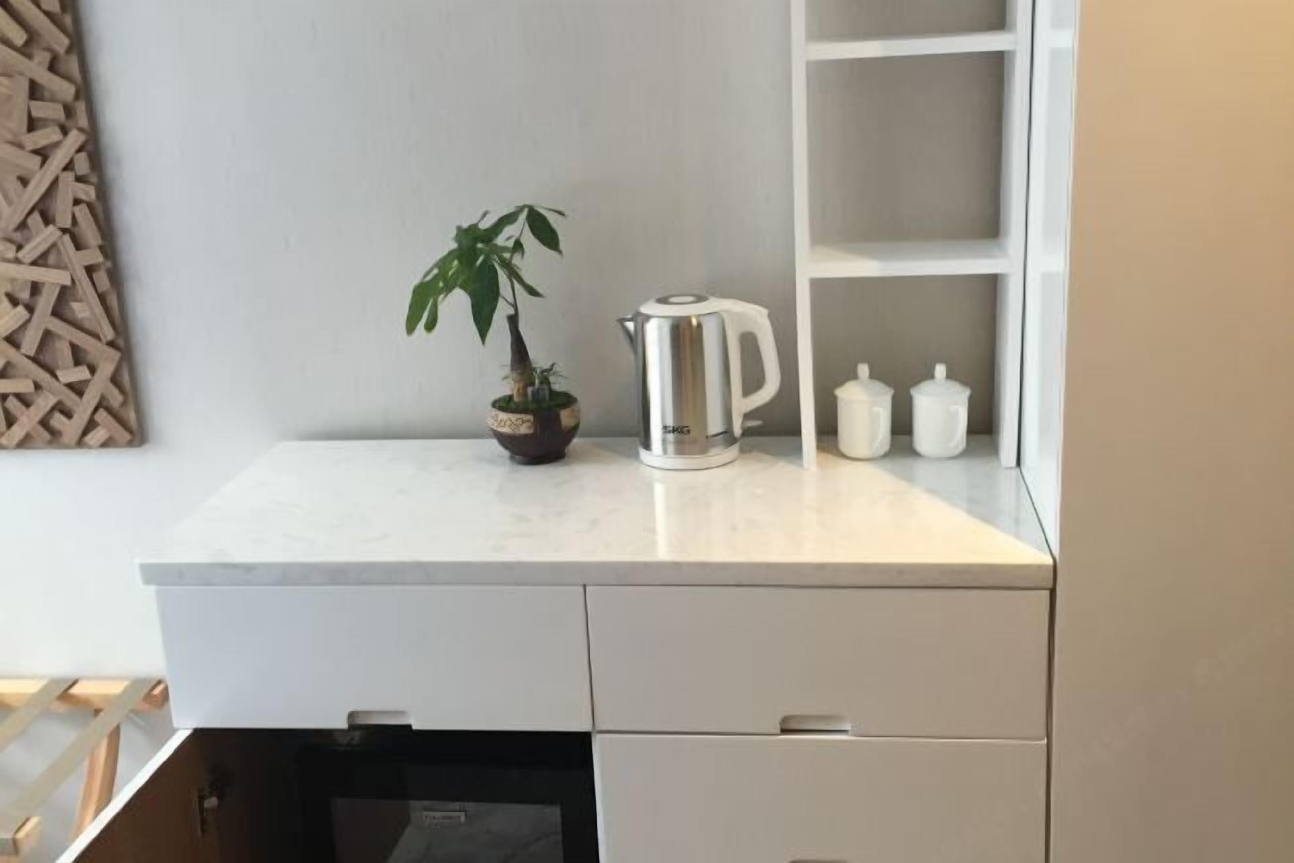 A kitchen counter with a coffee maker, a potted plant, and a white cabinet.