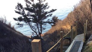 A wooden boardwalk with a rope barrier, leading to a body of water.