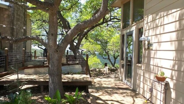 Un patio con un árbol grande, un banco y vistas a un cuerpo de agua.