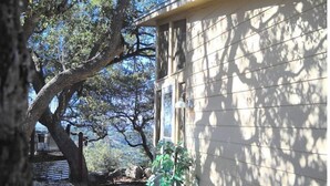 Una terraza de madera con una planta en maceta, un banco y un edificio con una ventana y un farol.